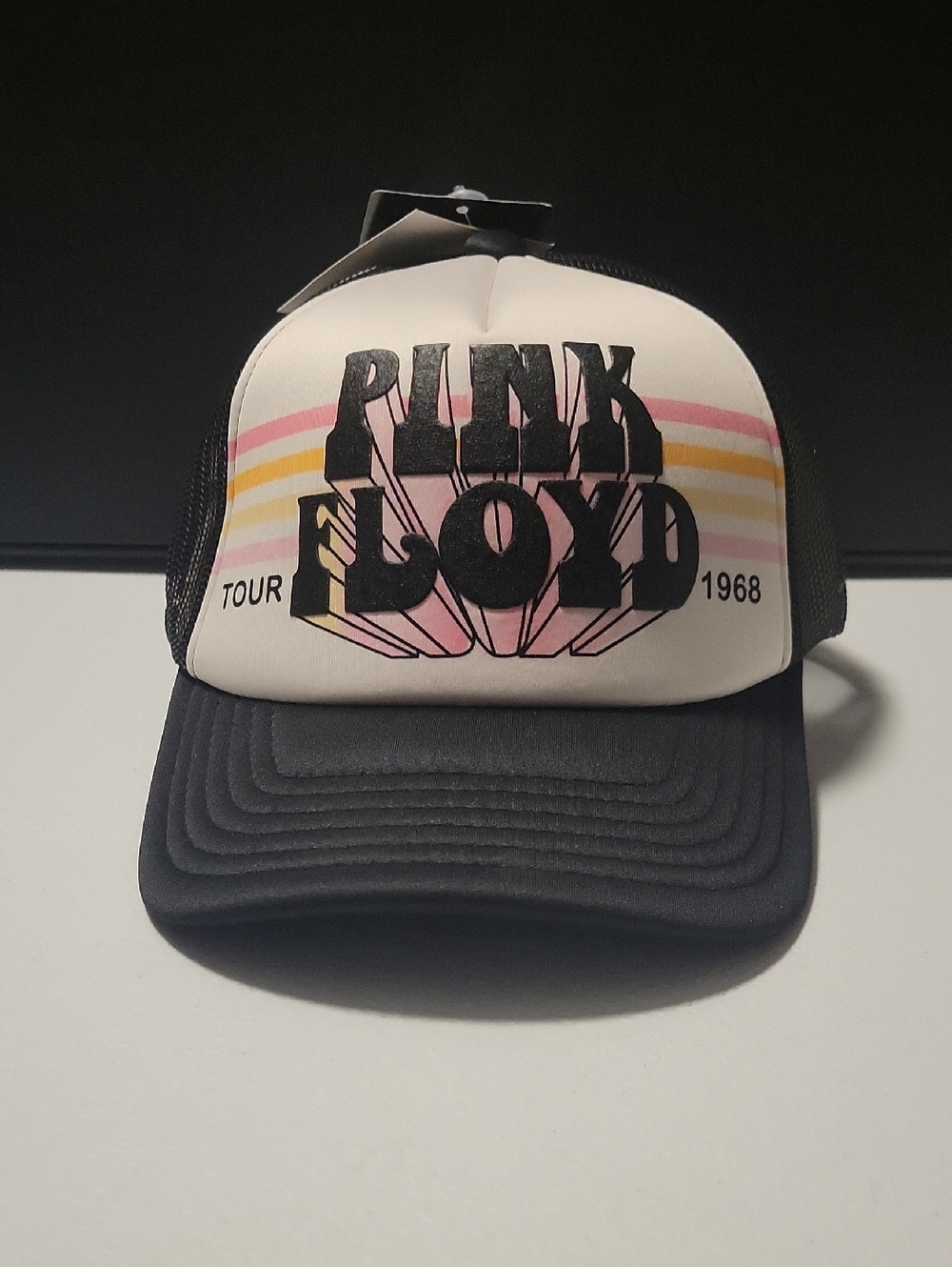 Pink Floyd Black & White Trucker Hat with Pink and Yellow Stripe.    10